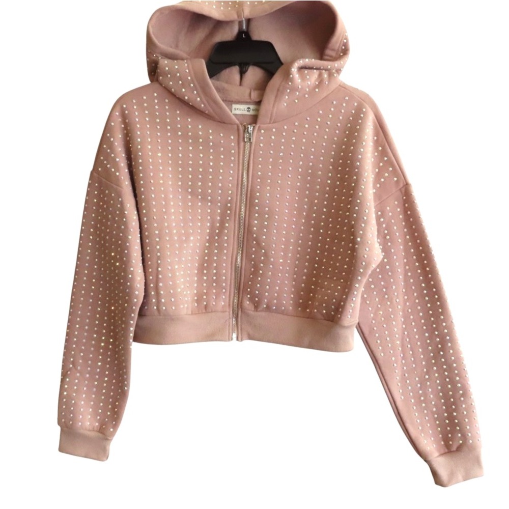 SKULL HOUSE Cropped Sweatshirt Hoodie Top Jacket PEACHY BEIGE Sparkle Studs SZ M